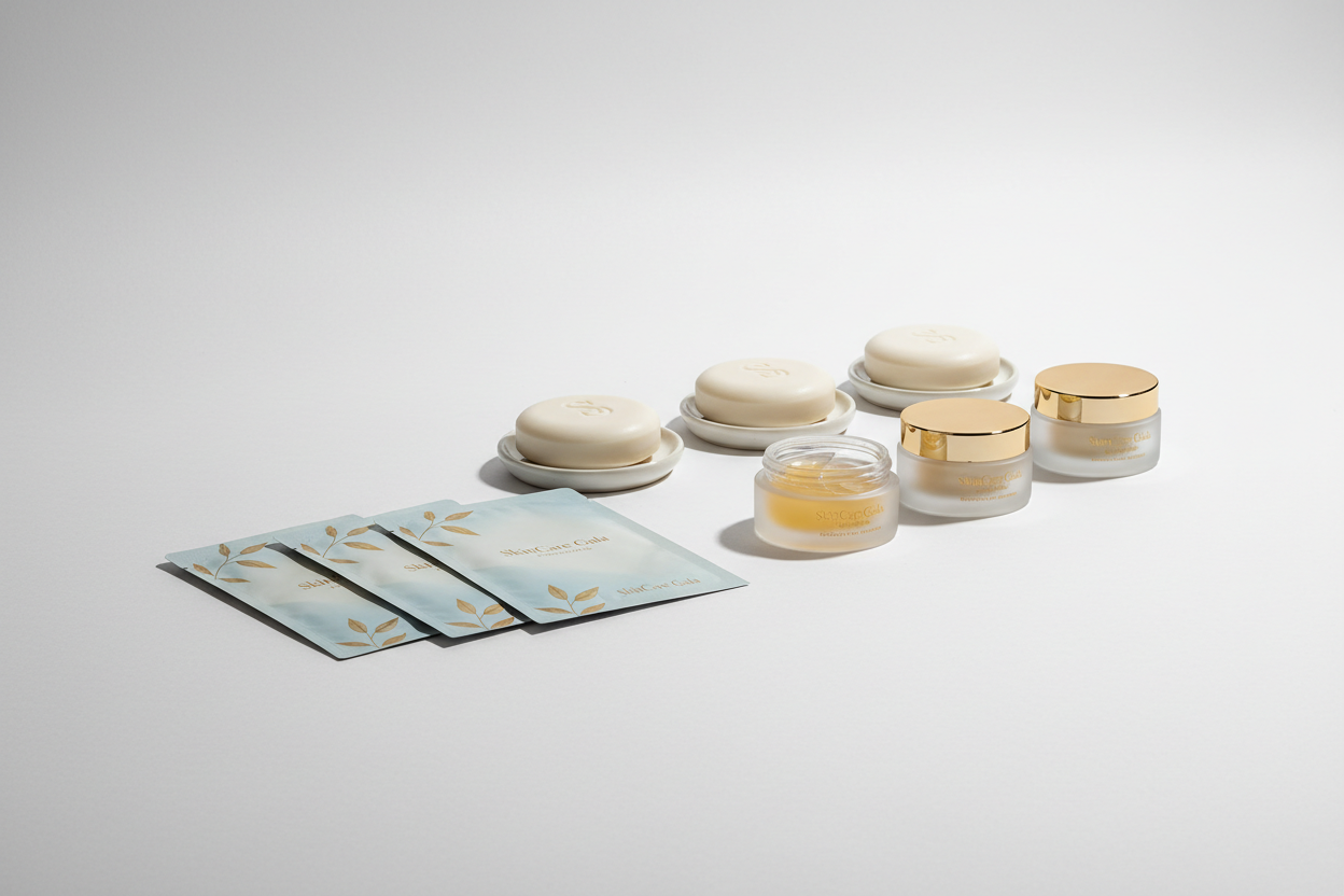 A picture of a line of skin care products by SkinCare Gala, they should include face mask sheets, under eye patches and face soaps